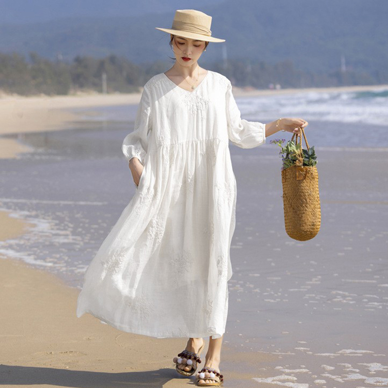 White Ramie Dress for Women, Summer Beach Dress, Heavy Embroidery, Three-Quarter Sleeves, V-Neck, Seaside Vacation Travel Long Dress