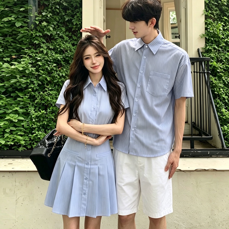 College-Style Couple Outfits for Summer: a Hot-Selling Striped Shirt Dress with a Cinched Waist, A-Line Short Skirt, and Pleated Skirt