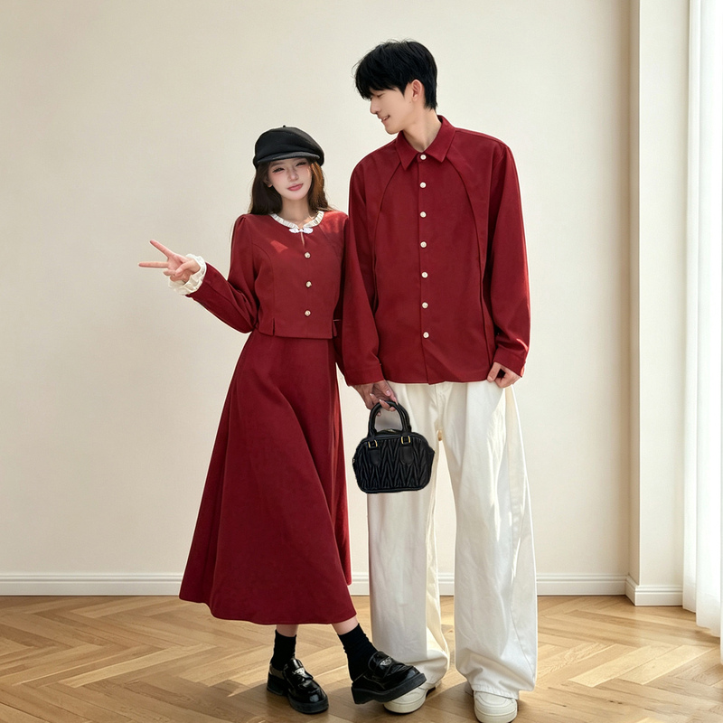 Engagement Couple Outfits: One Dress and One Shirt, Red Dress, Women's Shirt, Homecoming Attire, Can Be Worn Casually, Clothes for Marriage Registration Engagement Couple Outfits: One Dress and One Shirt, Red Dress, Women's Shirt, Homecoming Attire, Can Be Worn Casually, Clothes for Marriage Registration