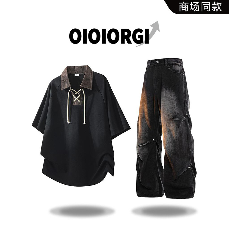 Oioi Orgi Trendy Cool High Street Patchwork Lapel Short-Sleeve T-Shirt Top Men's Summer Two-Piece Set