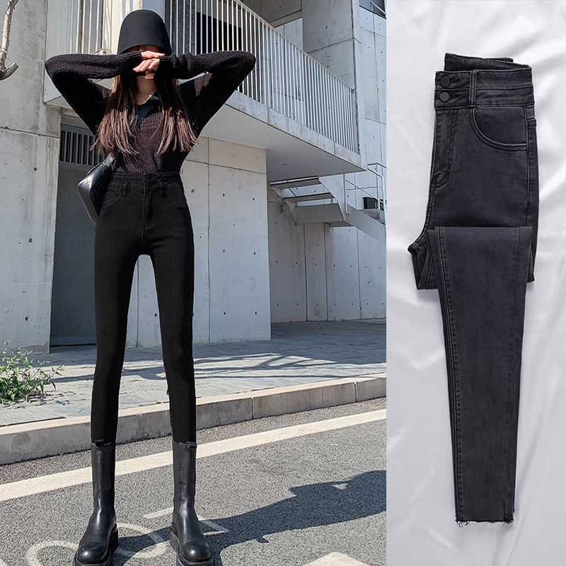 South Korea 2021 autumn and winter plus velvet black Gray stretch jeans women slim high waist, tight feet nine points thin velvet