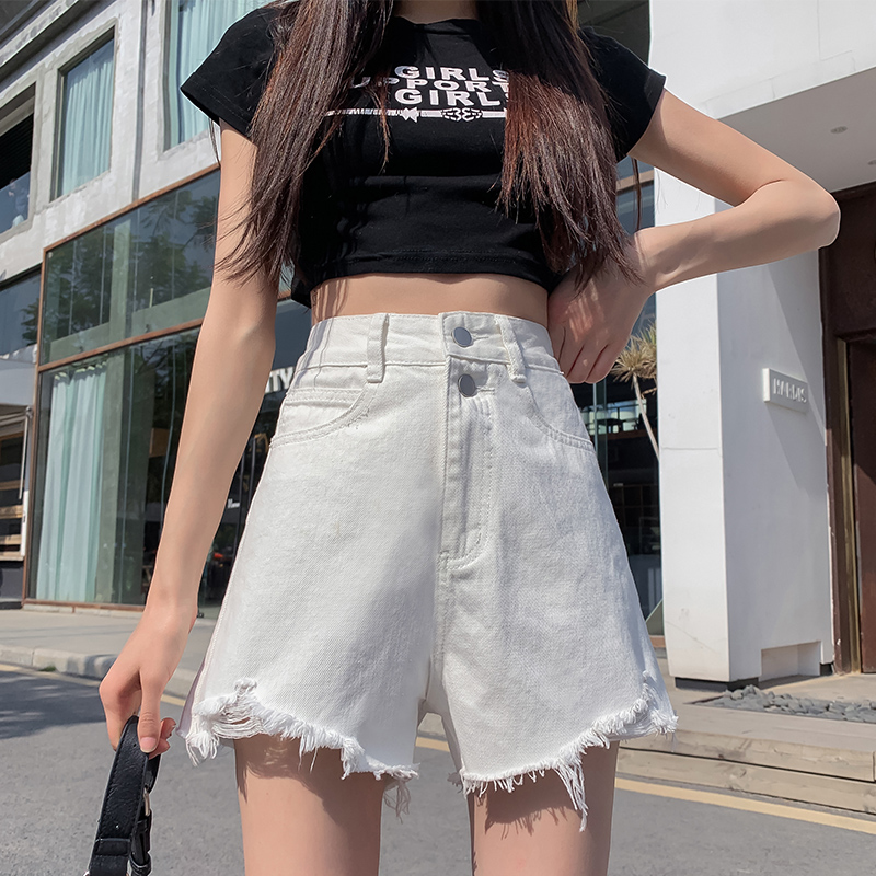 South Korean white broken hole denim shorts woman 2021 summer high waist loose a character slim black loose wool side hot pants