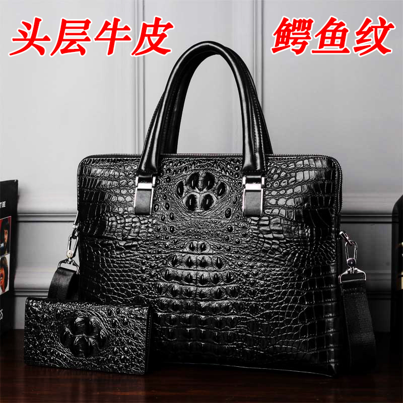 Leather Crocodile Pattern Briefcase Men's Handbag First Layer Leather Shoulder Bag Business Bag Leather Casual Horizontal Trend
