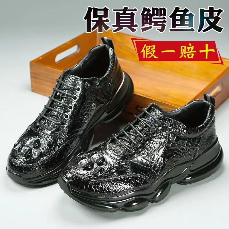 Crocodile Leather Shoes for Men, Fashionable High-End Genuine Leather Sneakers, Brand Authentic Air-Cushion Height-Increasing Casual Shoes, Trendy Men's Shoes