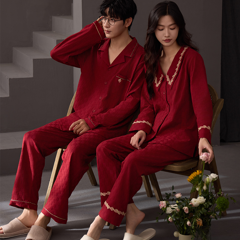 Sixinfang Couple Pajamas Spring and Autumn Pure Cotton Long-Sleeved Jacquard Plaid Red Wedding Newlywed Men and Women Home Wear