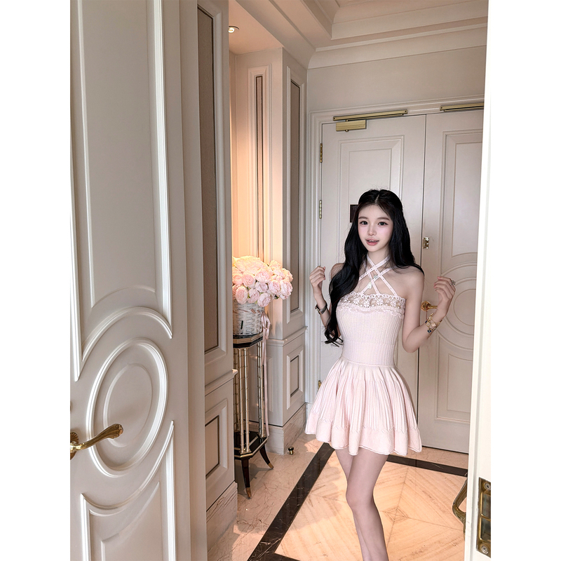 Qiauuu Pink Pleated A1Ai* First Love Pink Ballet Girl Rhinestone Sweet Halter Lace Dress for Women Qiauuu Pink Pleated A1Ai* First Love Pink Ballet Girl Rhinestone Sweet Halter Lace Dress for Women