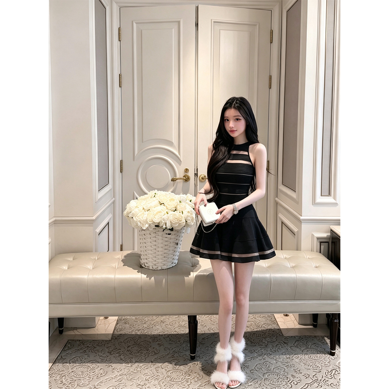 Qiauuu Goddess Arrives Bal*2W+ Hem Modified 3 Times Zhang Yuanying Same Style Black Knitted Dress for Women Qiauuu Goddess Arrives Bal*2W+ Hem Modified 3 Times Zhang Yuanying Same Style Black Knitted Dress for Women
