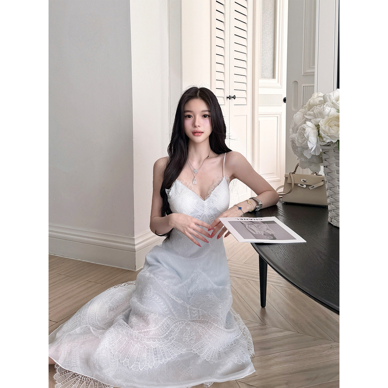 Qiauuu White Manqiu Purple Label Rl* Elegant Blue Water-Soluble Lace Embroidery Strap Long Dress for Women