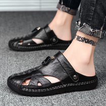 Mens sandals 2022 new not smelly feet Baotou Summer full leather Dual-use slippers in black soil leather sandals