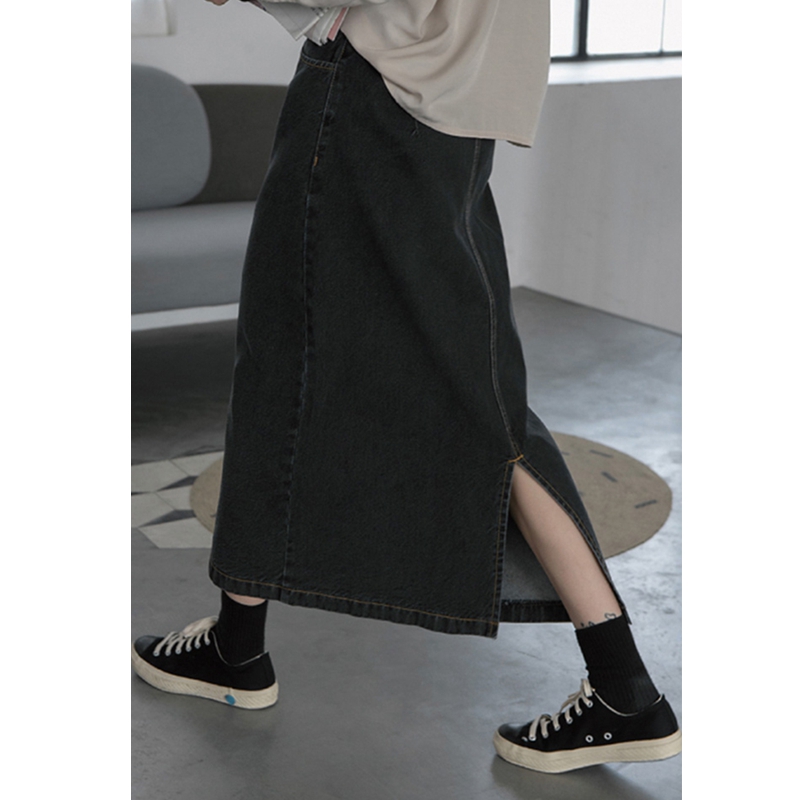 Slit denim skirt women's spring and autumn 2022 new large size high waist thin bag hip A-line long skirt trendy