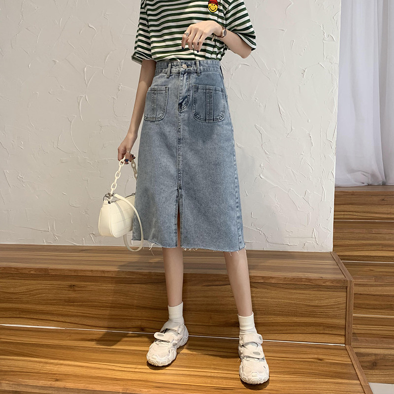 High waist denim skirt women's summer 2022 new large size fat mm large size bag buttocks thin a-line skirt trendy