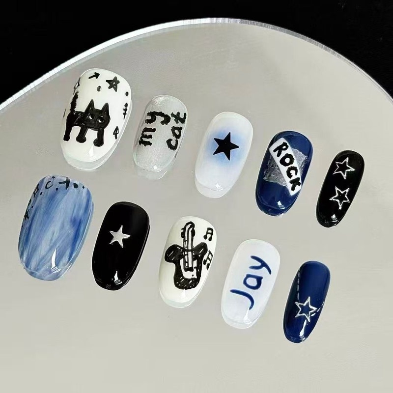 Kitten Sweet Cool Rock ins Style Wearable Nails Short Oval Cute Blue Series Nail Art Stickers Wearable Nails Short Style