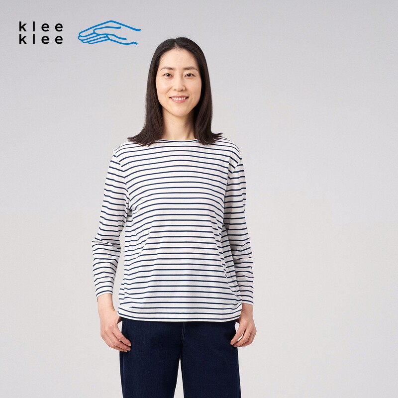 Klee Klee environment-friendly cotton striped knitted shirt with one-line collar and nine-quarter sleeves K0201TS16