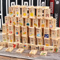 Wooden building blocks 100 Chinese characters dominoes childrens educational toys 1-2-3-6 one year old baby literacy