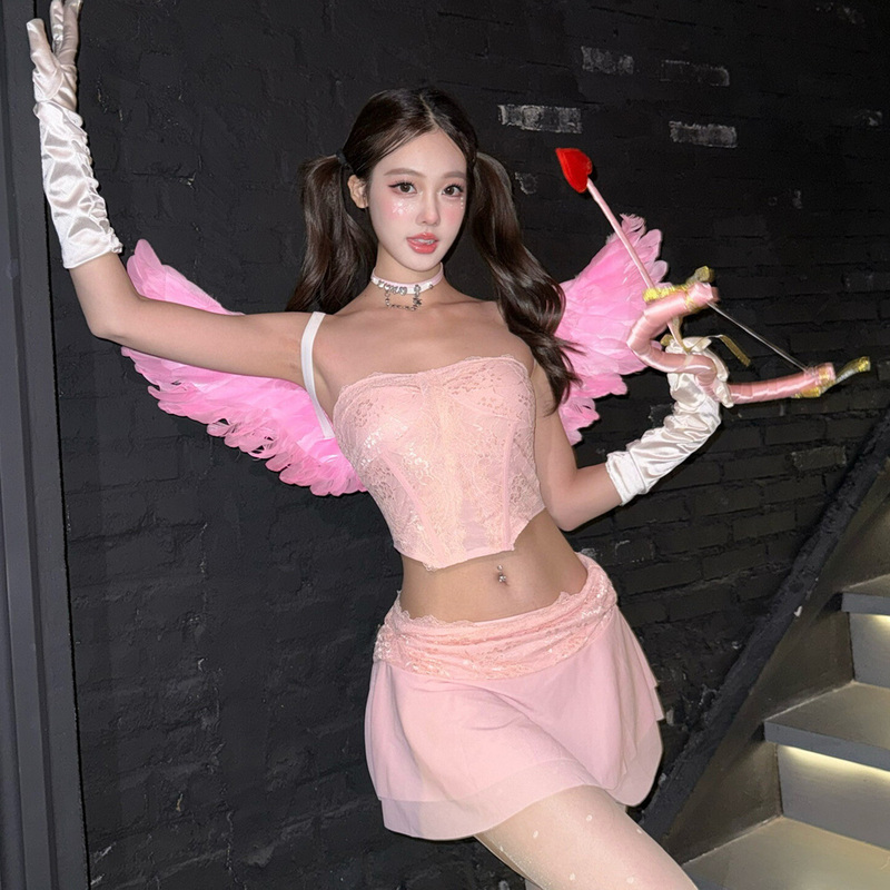 Cupid's Arrival*Halloween Pink Cupid Cosplay Sexy Pure Desire Tube Top Dress Set Female Angel Costume Cupid's Arrival*Halloween Pink Cupid Cosplay Sexy Pure Desire Tube Top Dress Set Female Angel Costume