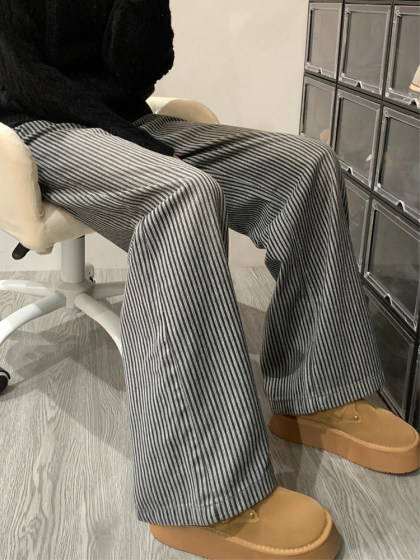 黑灰色条纹阔腿牛仔裤女夏季新款胖妹妹mm高腰宽松显瘦直筒拖地裤