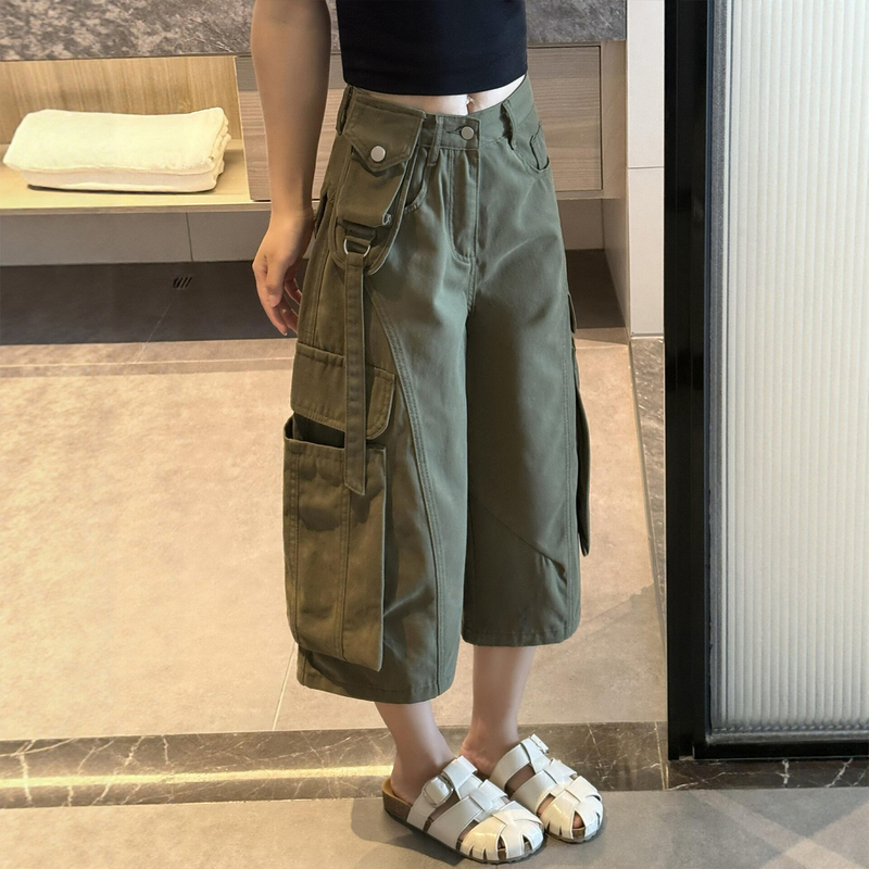 Military Green Workwear-Style Cropped Denim Pants for Women, Early Autumn New Style, Plus-Size High-Waisted Loose Slimming Wide-Leg Mid-Length Pants Trendy