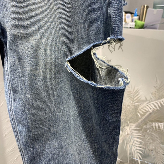 斜扣破洞牛仔裤女夏薄款胖妹妹mm宽松显瘦阔腿九分裤适合胯大腿粗