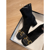 (Egg Ding Eslite) Horse buckle square head high heel retro French leather thick heel thin boots middle boots children