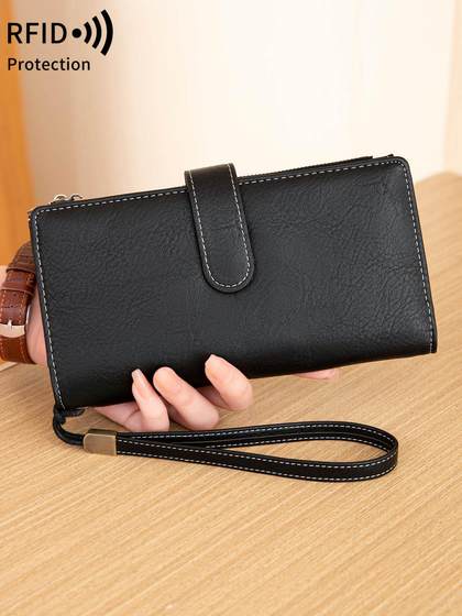 时尚复古大容量防盗刷长款钱包多卡位简约韩版三折手拿包男女士