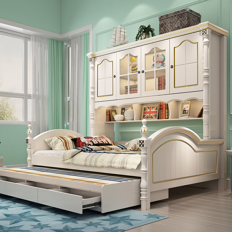 Children Wardrobe Bed Multifunction Bed Head Cabinet Integrated Single Small Household Type Storage Bookcase Bed Girl Princess Bed Young Girl