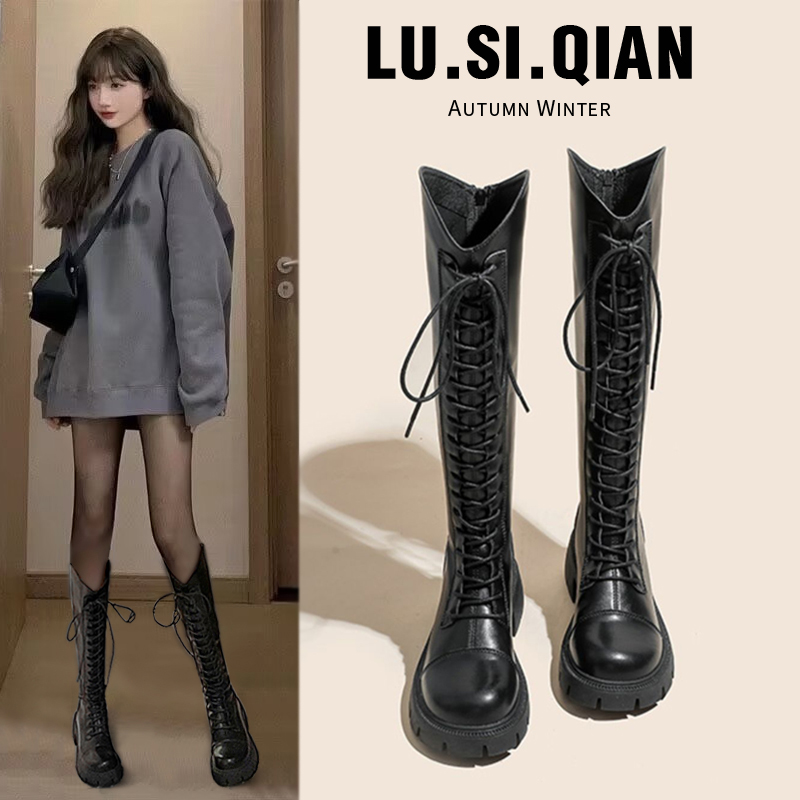 Рыцарские сапоги; новинка 2025 года; сезон осень-зима; бархатные зимние сапоги выше колена на толстой подошве; высокие сапоги Martin с высокой талией.