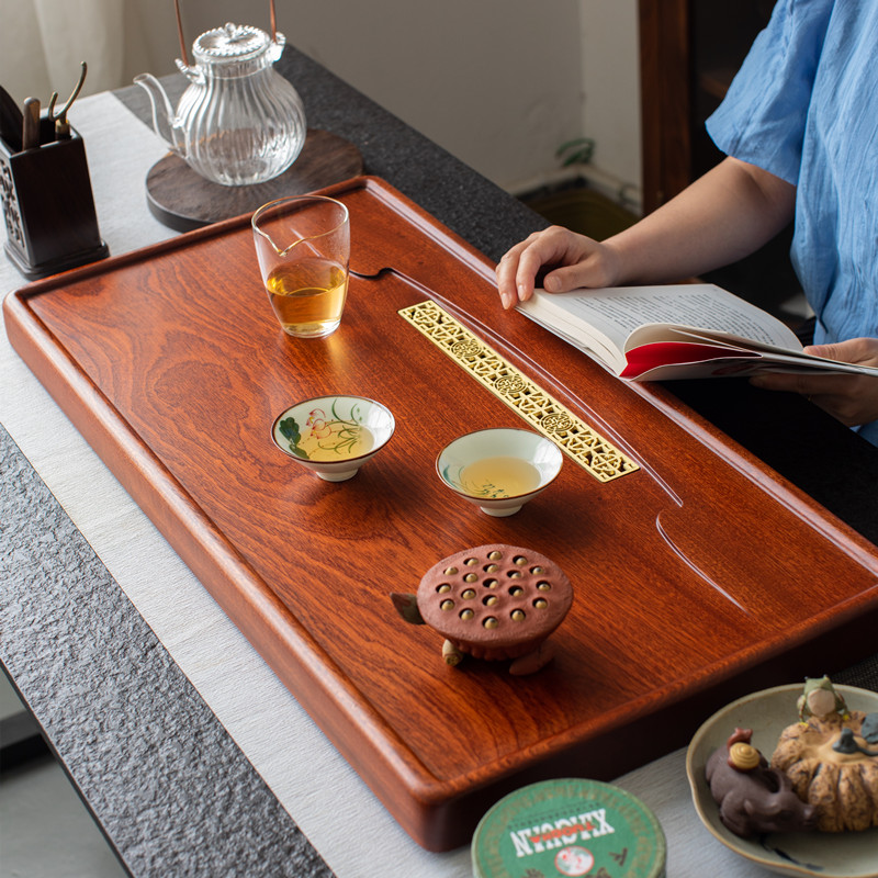 Senyu rosewood tea tray household whole solid wood tray drainage tea sea black stone small tea table