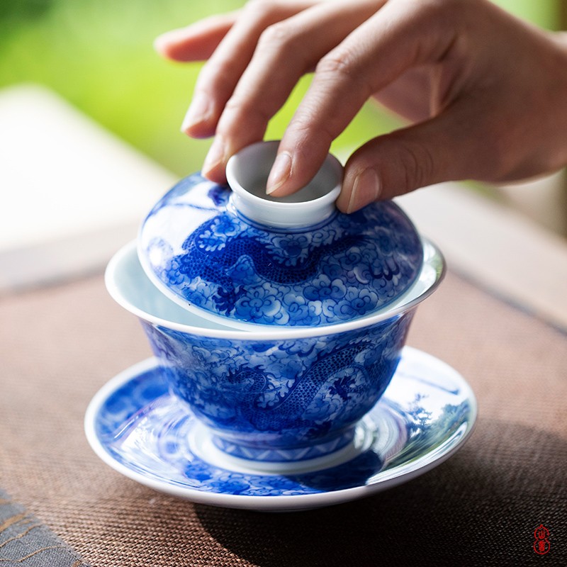 Day blue green room hand - made yunlong three just tureen jingdezhen ceramic tureen not hot tea bowl of tea set