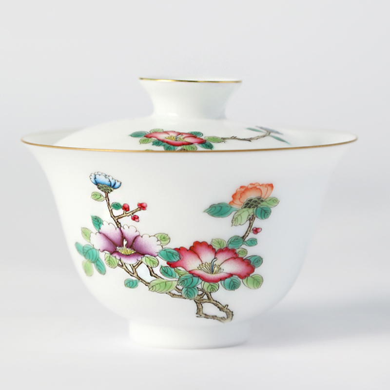 Mountain sound hand - made pastel camellia no riding tureen tea bowl of white porcelain tea sets jingdezhen high temperature ceramic cups