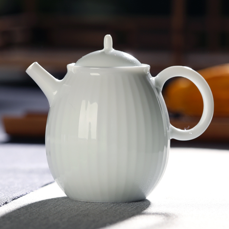 Shadow green melon leng teapot checking carving kung fu jingdezhen ceramic teapot single pot thin body porcelain tea set