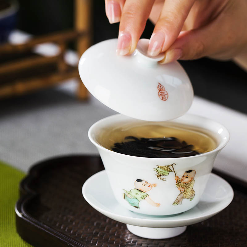 Rock sound tong qu trumpet tea tureen pastel hand - made three cups tureen jingdezhen high temperature ceramic tea set