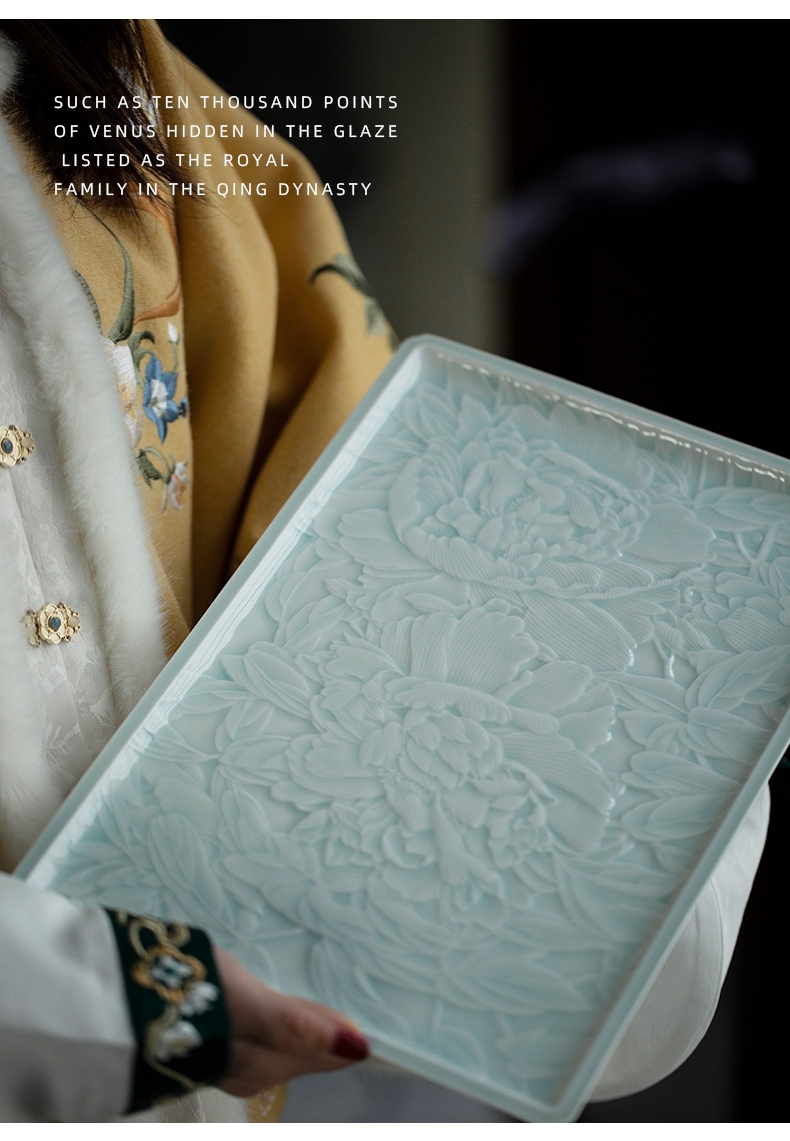 Jingdezhen ceramic film blue glaze hand - carved peony tea tray household cup tea accessories a single ground by hand