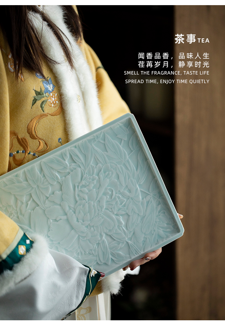 Jingdezhen ceramic film blue glaze hand - carved peony tea tray household cup tea accessories a single ground by hand