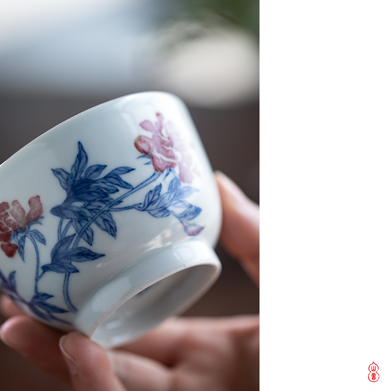 Qin Qiuyan jingdezhen blue and white youligong peony flower cup checking ceramic cups masters cup kung fu tea set