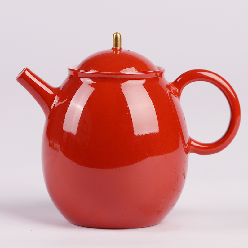 Coral red kung fu tea pure manual single pot ball hole, little teapot jingdezhen ceramic tea set color glaze