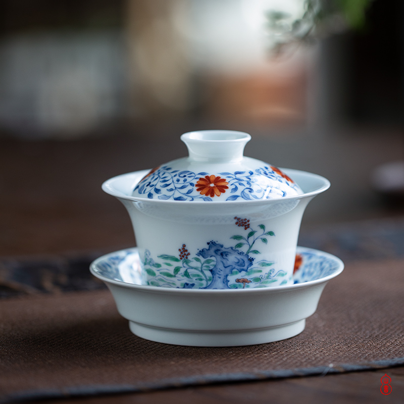 Qin Qiuyan JiTianSan bucket color blessings to high - end tea tureen jingdezhen ceramic bowl tea bowl