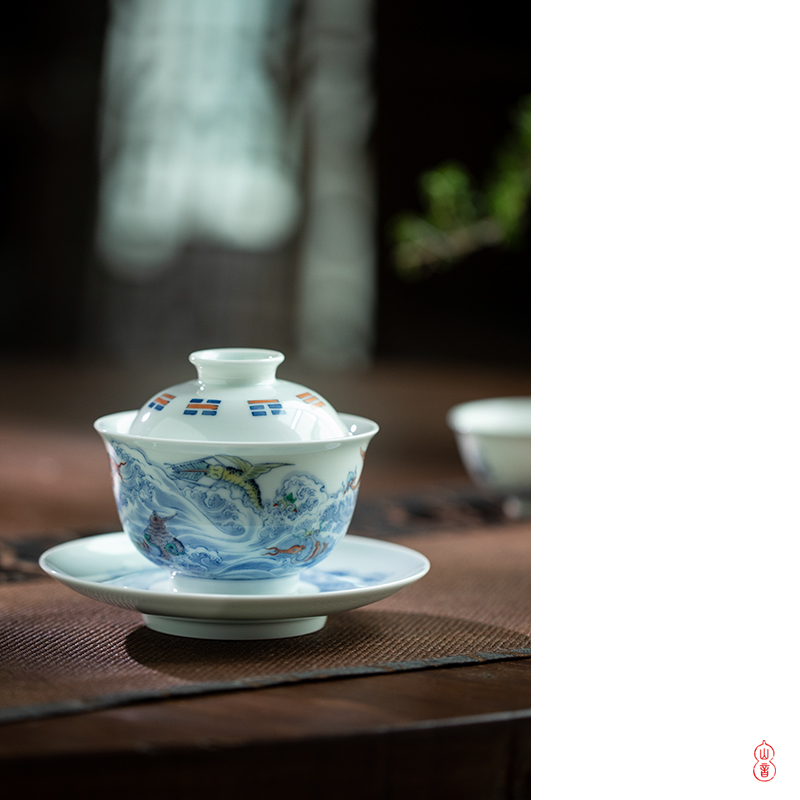 Qin Qiuyan bucket color sea monster grain tureen jingdezhen pure manual three high - end tea sets tea tureen ceramic bowl