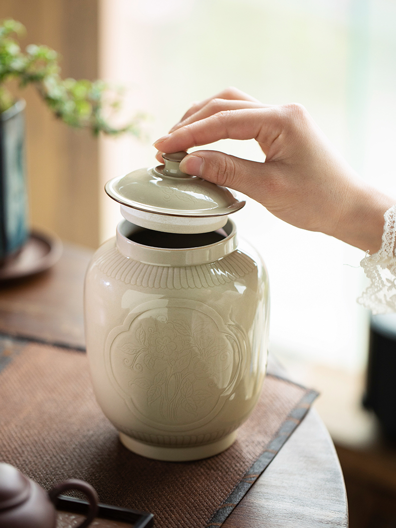 Three Windows caddy fixings jingdezhen ceramic up POTS household storage tanks seal tea urn tea bucket