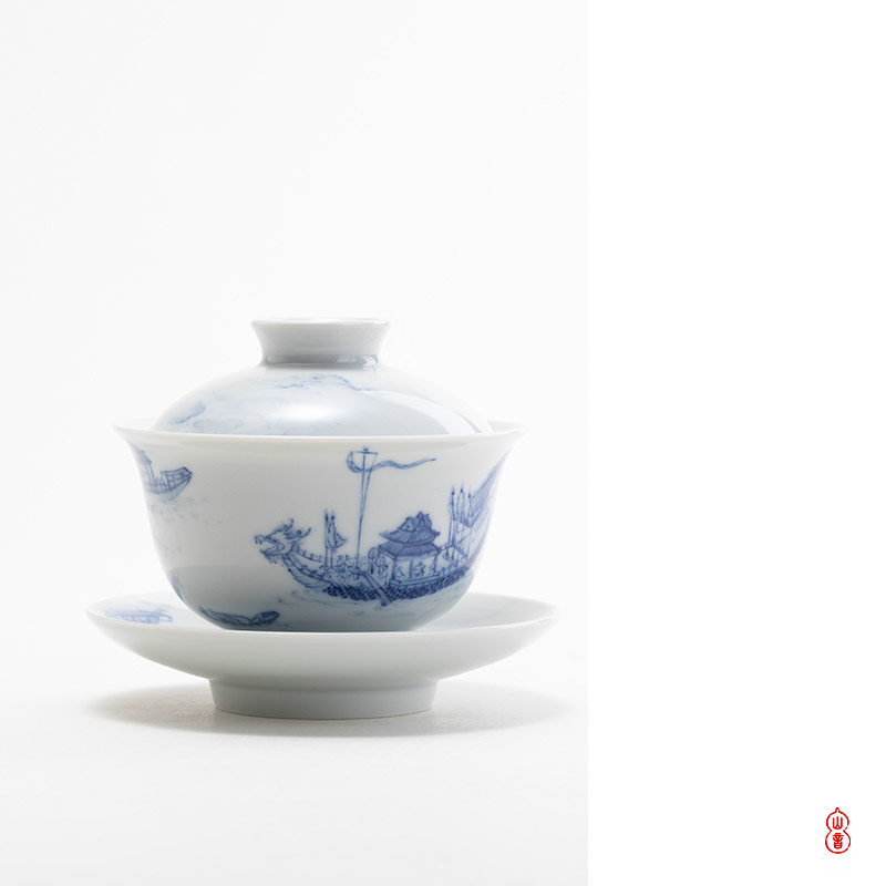 After the rain dragon boat tureen jingdezhen checking ceramic three blue and white bowl tureen hand - made kung fu tea set