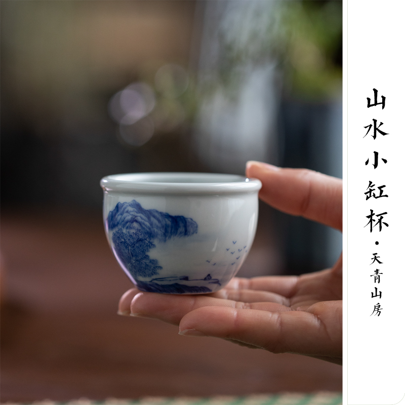 Castle peak day room antique blue - and - white master cup blue hand - made master kung fu tea cup of jingdezhen ceramic tea set