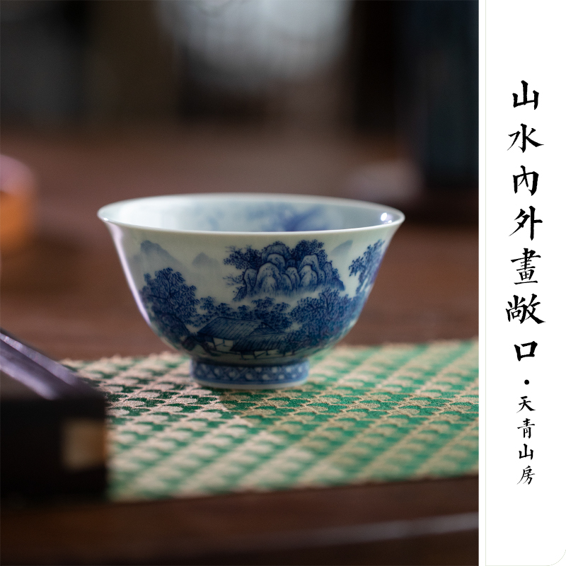 Castle peak day room antique blue - and - white master cup blue hand - made master kung fu tea cup of jingdezhen ceramic tea set