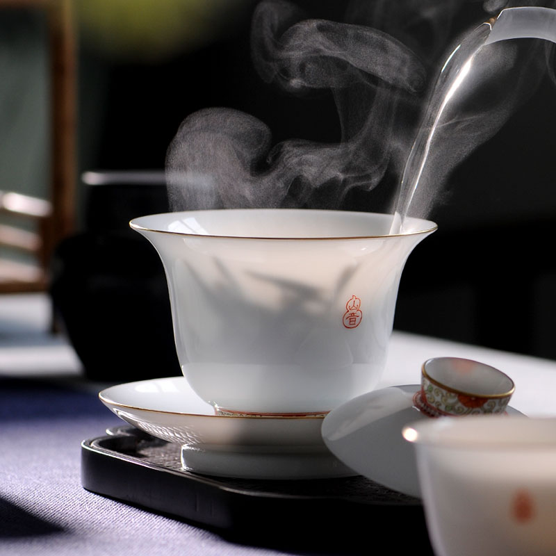Mountain sound pure manual tureen large three cups to use with single pastel hand - made jingdezhen ceramic tea set white porcelain