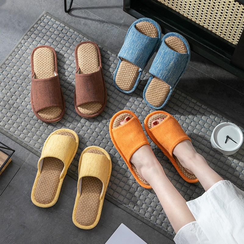 Home spring and autumn linen slippers female floor couple non-slip indoor cotton and linen drag home summer four seasons breathable sweat