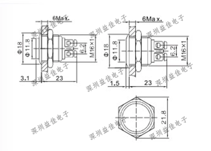 Công tắc nút kim loại Jinyouke GQ16-11 chân vít thiết lập lại inch chống thấm nước với sửa đổi xe màu đỏ, vàng và xanh lá cây