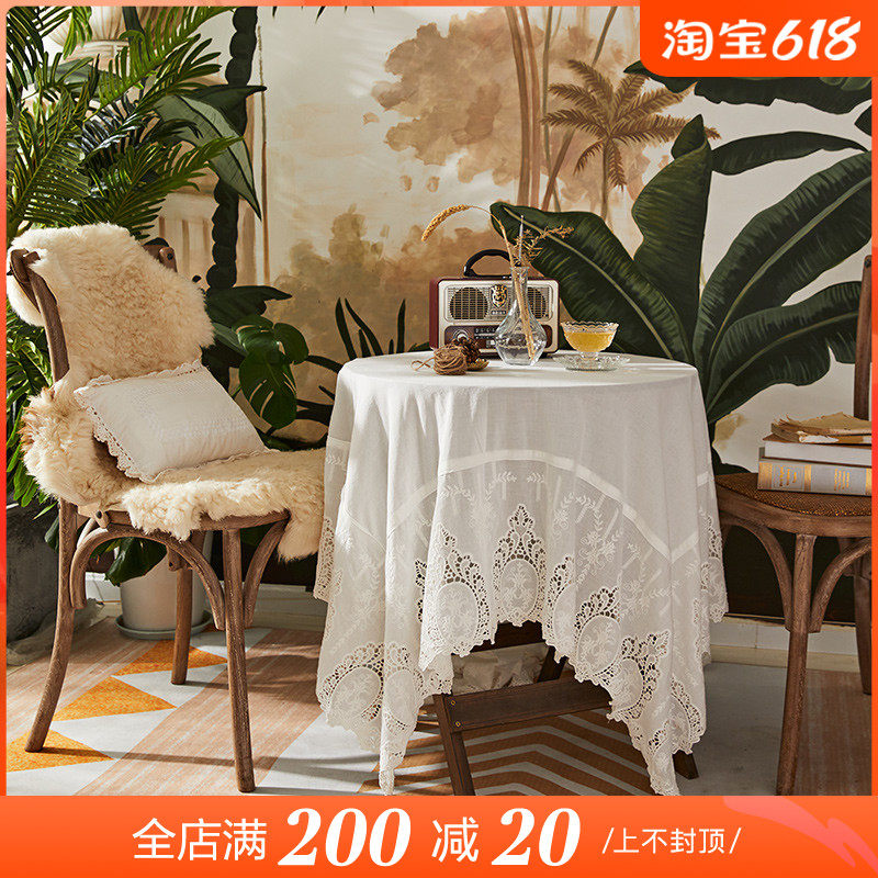 Uelove Versailles Summer lace table Buffet style hollowed-out light cotton waterproof round table cloth white embroidered meal cloth