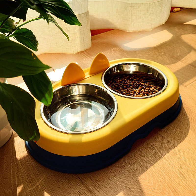 WQW Pet Cat Bowl Double Bowl Protection Cervical Cat Food Basin Stainless Steel Water Bowl Anti-Over Dog Bowl Infant Cat Supplies