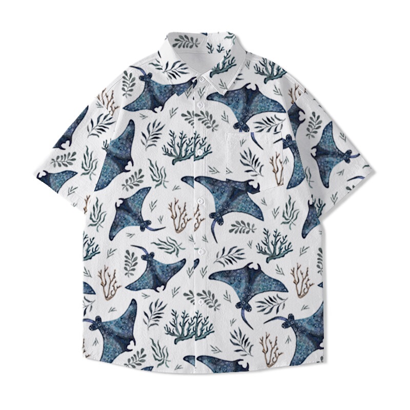 2025 Summer New Style Manta Ray Short-Sleeved Shirt Trendy Brand Niche Design Unisex Shirt Full-Color Shirt