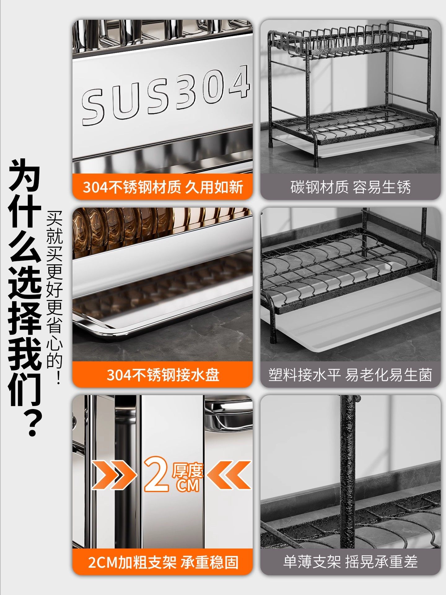 304 Stainless Steel Dish Storage Rack Kitchen Multifunctional Storage Rack Household Countertop Dish Rack Draining Dish Rack