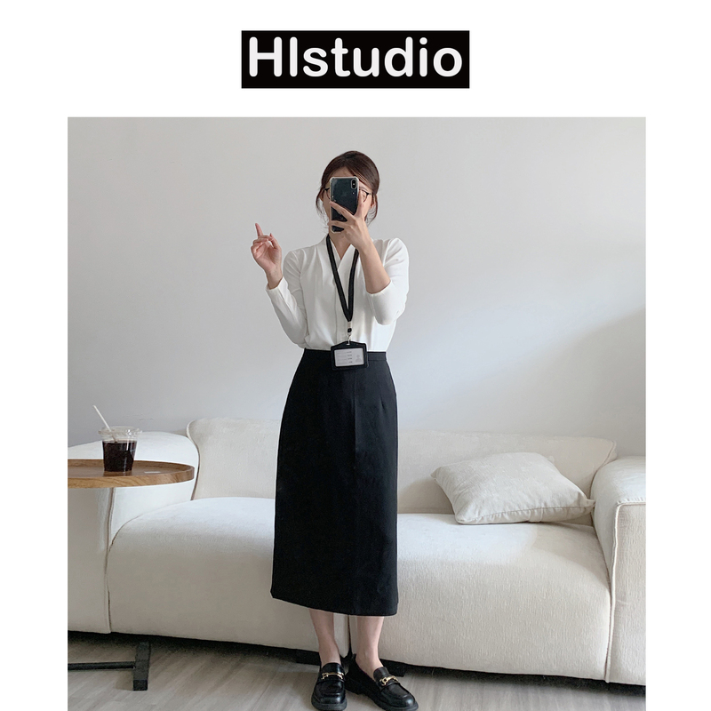Hlstudio-White Cardigan V-Neck Shirt for Women, High-End Top, Student Interview Wear, Professional Work Clothing Shirt