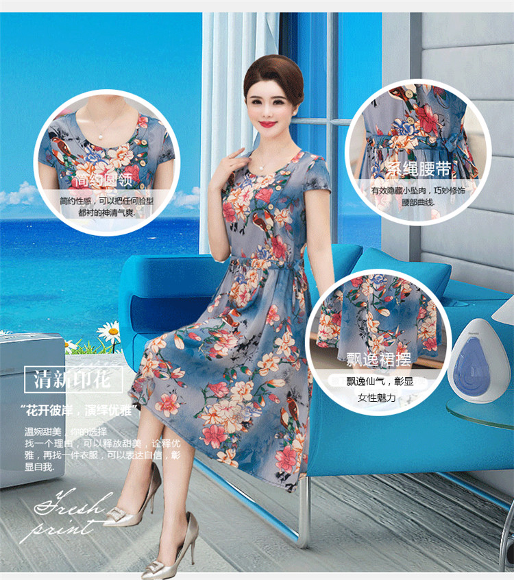 2018 mùa hè mới ăn mặc cotton lụa trung niên của phụ nữ in váy mẹ ăn mặc XL ngắn tay đầm váy cho người trung niên